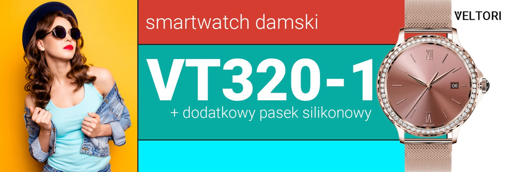 Smartwatch Damski VELTORI VT320-1 Złota Bransoleta + Różowy Pasek Silikonowy