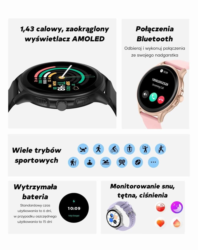 Smartwatch Damski GRAVITY GT12-4 Czarny Pasek Silikonowy + Bransoleta Różowe Złoto
