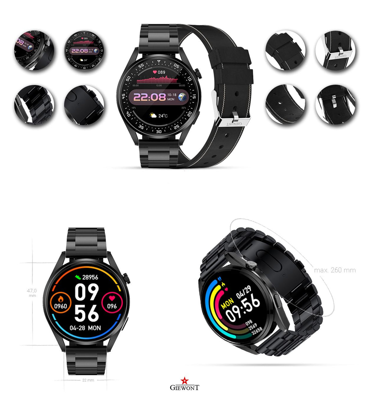 Smartwatch GIEWONT Vertex SmartCall GW450-2 Carbon/Carbon Leather